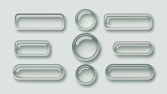 Set of Glass Buttons and UI Elements with Light Reflections and Gray Background for Website Design and Software Development