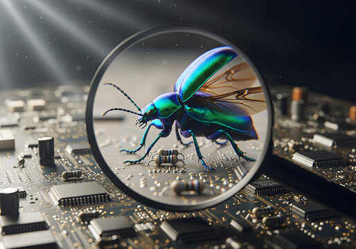 A magnifying glass examining a bug symbolizes the debugging process in software development, magnifying glass, on a circuit board