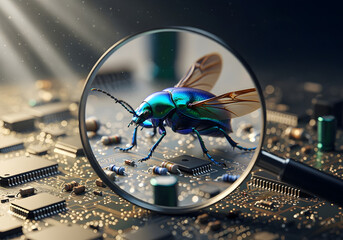 A magnifying glass examining a bug symbolizes the debugging process in software development, magnifying glass, on a circuit board