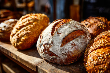 Assorted rustic artisanal bread loaves displayed on a wooden surface