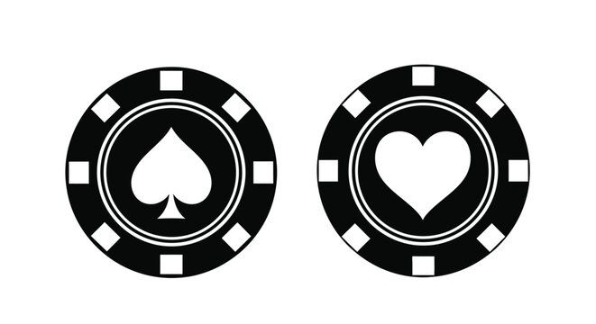 Two black and white casino chips with spade and heart symbols displayed