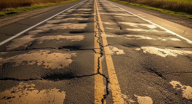 Severe Road Damage and Cracks Appear Along a Longitudinal Highway Perspective