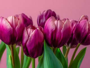 Fototapeta premium Vibrant purple and pink tulip flowers in full bloom with lush green leaves against a soft pink background for springtime floral decoration