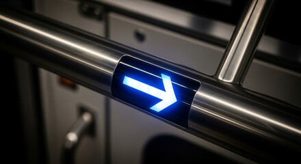 Shiny Metal Arrow Sign Illuminating Blue Light Directing The Path Forward