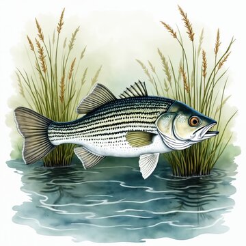 Striped bass swims in freshwater river. Wild game fish shown in natural habitat with reeds. Detailed watercolor illustration of aquatic animal used for sport fishing, angling, seafood menus. Great