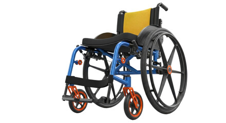 Isolated manual wheelchair with yellow mesh back, custom blue frame, and orange accents