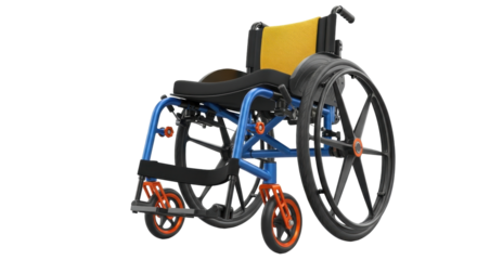 Isolated manual wheelchair with yellow mesh back, custom blue frame, and orange accents