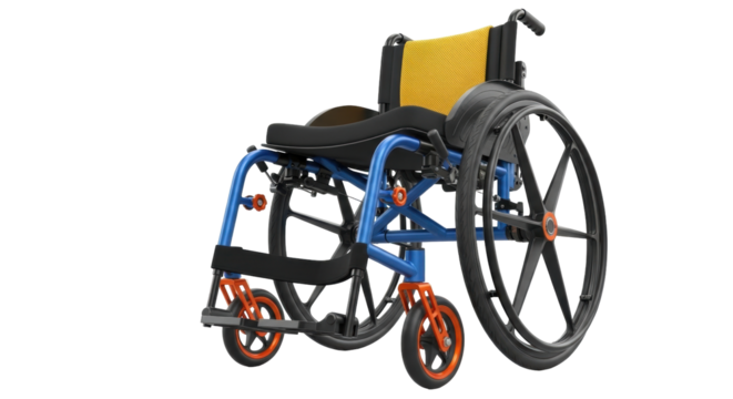 Isolated manual wheelchair with yellow mesh back, custom blue frame, and orange accents