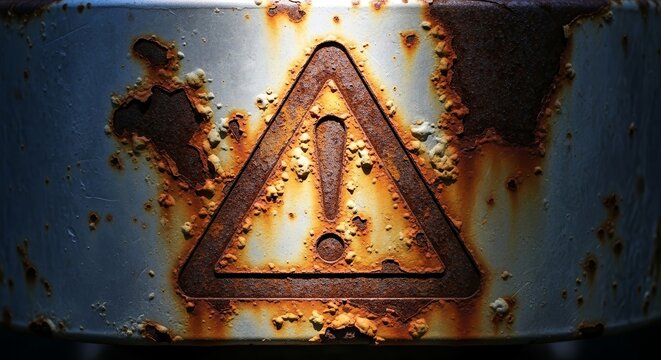 Rusting Hazard Sign: A Stark Warning on a Weathered, Metallic Surface