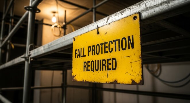 Safety Sign Displayed On A Scaffolding Provides Fall Protection Required Information