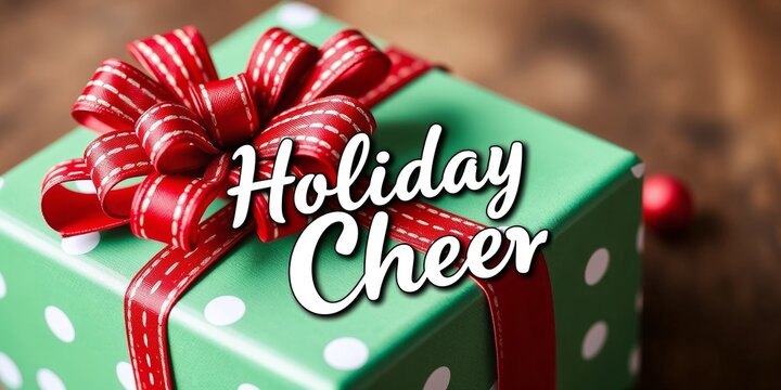 Green gift box with red ribbon and polka dots for holidays  