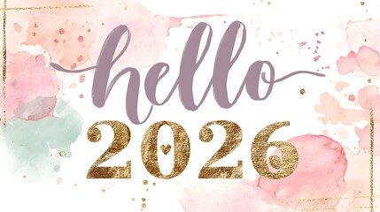 Watercolor “Hello 2026” with Purple Script, Glitter Gold Numbers, and Rose Gold Heart Pendant