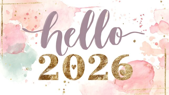 Watercolor “Hello 2026” with Purple Script, Glitter Gold Numbers, and Rose Gold Heart Pendant
