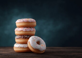 Appetizing tower of assorted donuts with chocolate, pink strawberry, and white icing with sprinkles stacked on a dark wood surface against a moody blue background.