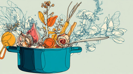 A blue pot filled with various vegetables and herbs in a stylized line art illustration