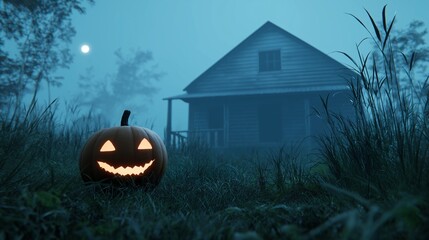 Classic spooky Halloween scene featuring a glowing pumpkin in a field with a haunted house and full moon under heavy blue fog.
