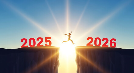 Person jumping from 2025 to 2026 representing new year challenge