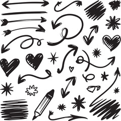 PrintHand-Drawn Vector Doodle Set: Arrows, Hearts, Scribbles, and Design Elements