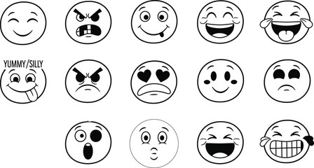 Hand drawn emoji faces expressing various emotions in black and white