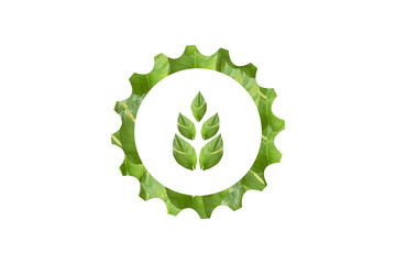Green gear badge with wheat leaf symbol representing sustainable agriculture and eco industrial innovation