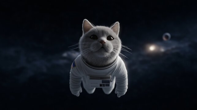 3D rendering of an adorable white cat wearing a space suit floating against a dark starry background with distant lights.