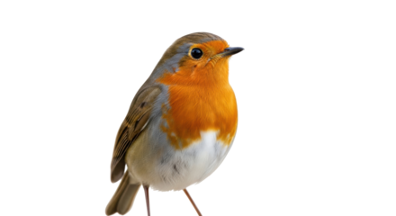 Isolated European robin perching, close-up view in studio, passerine bird, vibrant plumage