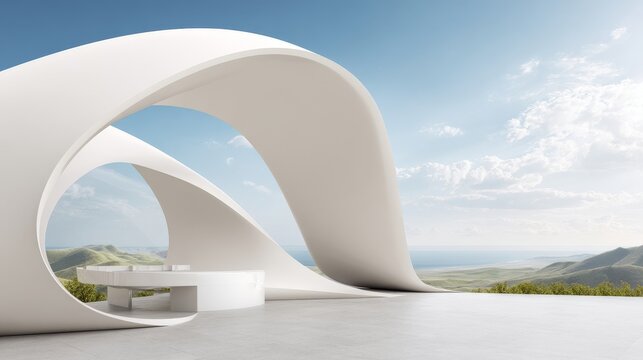 Modern eco green architecture with curved abstract building design and smooth structural lines, featuring an empty concrete floor ideal for car presentation, product display, or 3D scene use