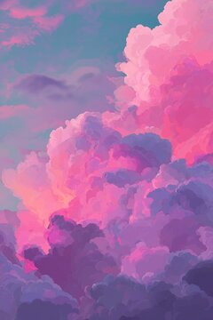 vertical digital illustration of fluffy pink and violet clouds drifting in a soft blue sky, creating a dreamy pastel atmosphere.
