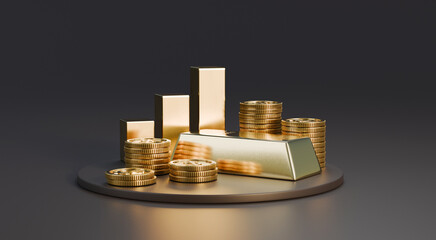 Wealth growth concept with gold bars forming a chart, gold coins stacked beside a gold ingot; ideal for finance, banking, and investment businesses promoting assets and security