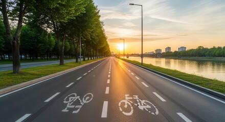 Scenic Bike Route With Gorgeous Sunset And River Views Along The Pavement