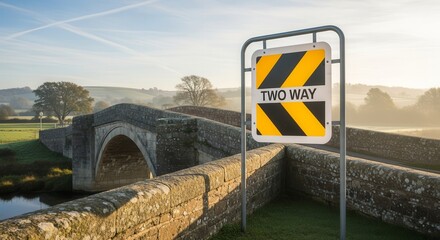 Scenic Bridge With Two-Way Traffic Sign, Serene Landscape, And Beautiful Morning Light