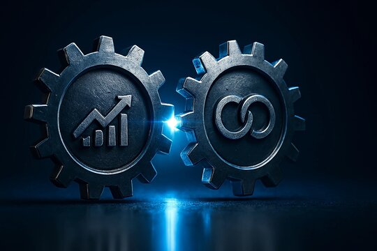 Interlocking gears symbolizing business growth and circular economy on a dark blue background