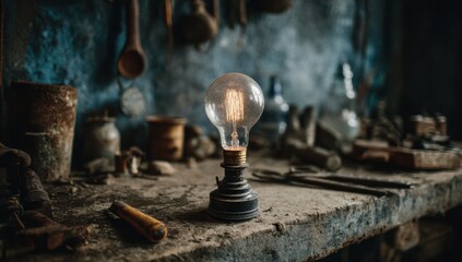 Old-fashioned workshop with light bulbs placed on a dusty table.