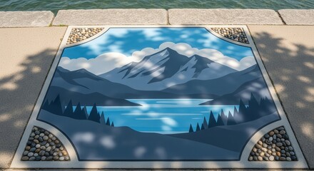 Scenic Landscape Art Embellished on Pathway Illustrating Mountain Range and Peaceful Lake Setting