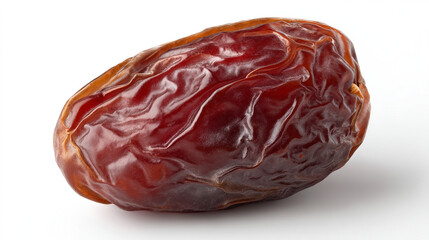 Close up shot of a single medjool date fruit with its wrinkled skin on a white background