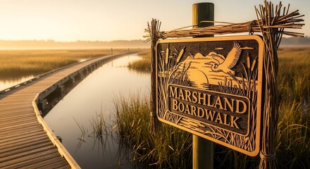 Scenic Marshland Boardwalk Sign Guiding Visitors Toward Serene Natural Coastal Wetland Path