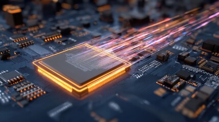 A neon-lit microchip with glowing orange borders on a navy-blue circuit board.