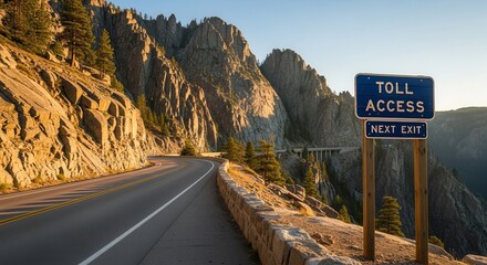 Scenic Mountain Road Leading to a Toll Access Point with Clear Signage in Daylight
