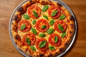 Delicious margherita pizza with fresh tomatoes and basil on a metal tray ready to be served hot