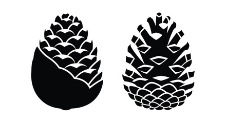 Two black and white pine cones displayed in a simple graphic style