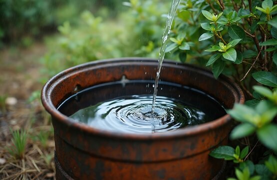 Rain falls into an old rusty metal barrel collecting water for garden use. This promotes eco friendly water conservation and resourceful garden watering methods for dry periods.