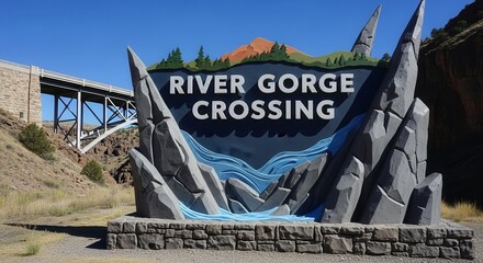 Scenic River Gorge Crossing Sign Depicting Bridge And Natural Landscape