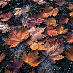 Scattered Autumn Maple Leaves in Various Warm Hues of Brown Orange and Red on Dark Grassy Ground in Soft Sunlight