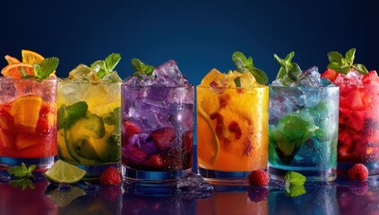 Colorful and vibrant glasses of assorted cocktails with ice cubes, fruit slices