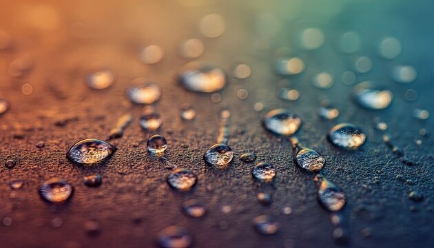 Close-up Macro View of Water Droplets Reflecting Warm and Cool Tones on a Textured Surface - Powered by Adobe