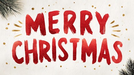 Hand-Painted Red “MERRY CHRISTMAS” Brush-Stroke Text with Gold Glitter and Pine Accents