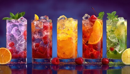 Colorful mixed drinks in tall glasses with ice cubes and fruit garnishes