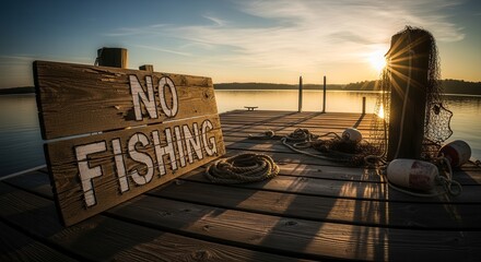Scenic Waterside View Showcasing A Wooden Dock And A Sign Prohibiting Fishing Activities