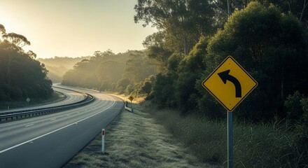 Scenic Winding Road Through Mountainous Forest Scene Depicting Alert Sign And Serene Landscape