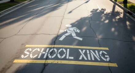 School Zone Road Marking Depicting Pedestrian Crossing and Shadow Play During Daylight Hours